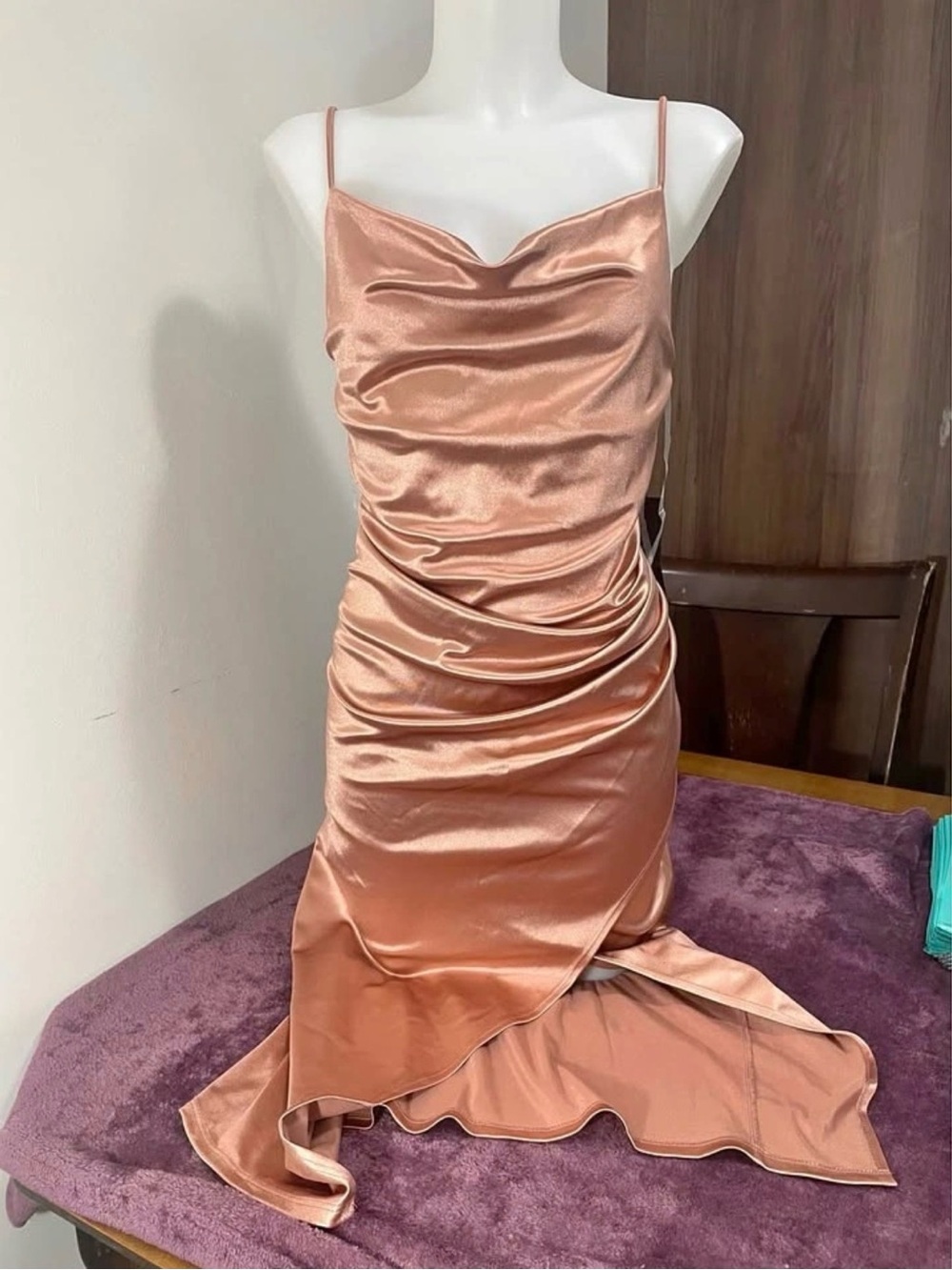 NWT Rachel Zoe Champagne Satin Cowl Neck Ruched Dress Large